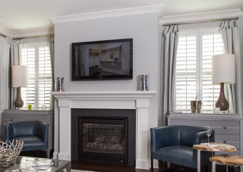 living room Raleigh faux wood shutters